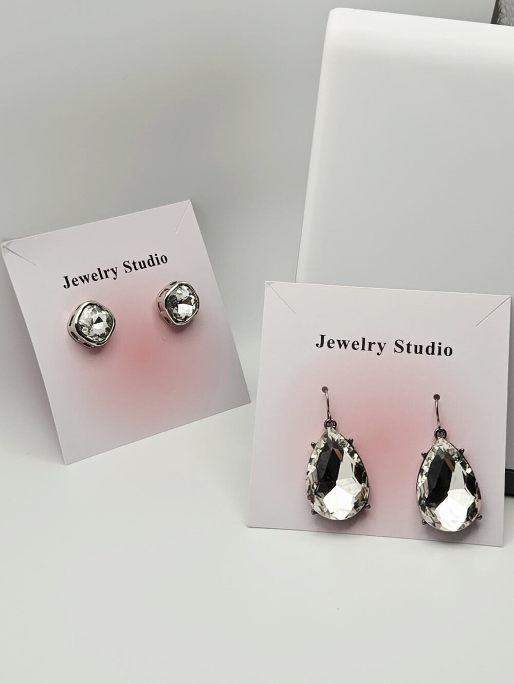 Fashion Jewelry Clear Teardrop Dangle & Clear Stud Glass Stone Earring Set Of 2 - Picture 2 of 16